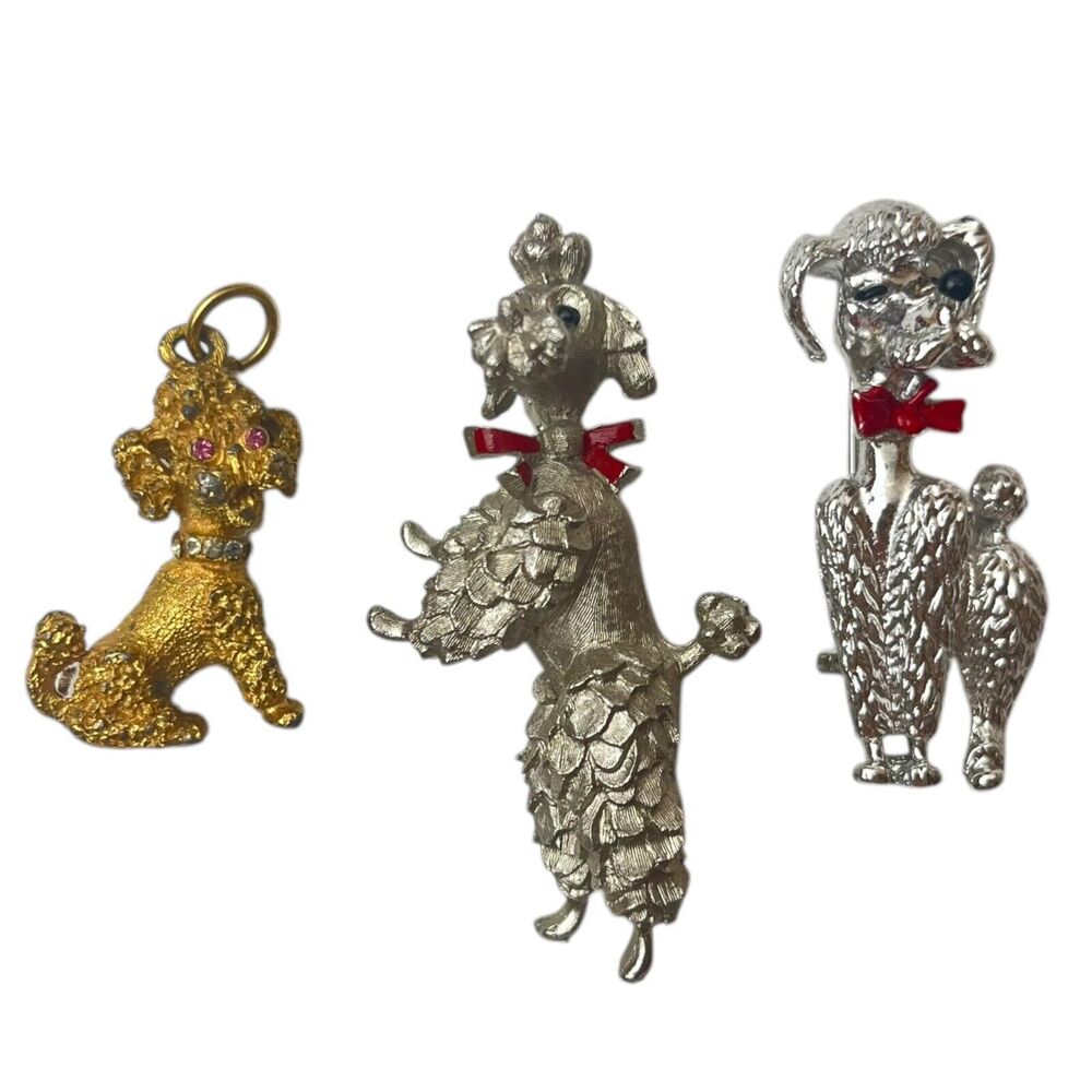 Vintage Lot Of 2 Silver Tone Poodle Pins & 1 Gold Tone Pendant - Cute!